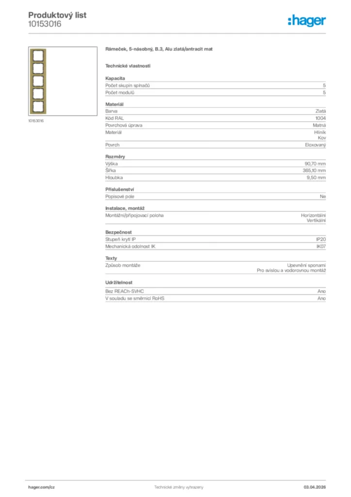 Obrázek Hager Product data sheet 10153016 | Hager