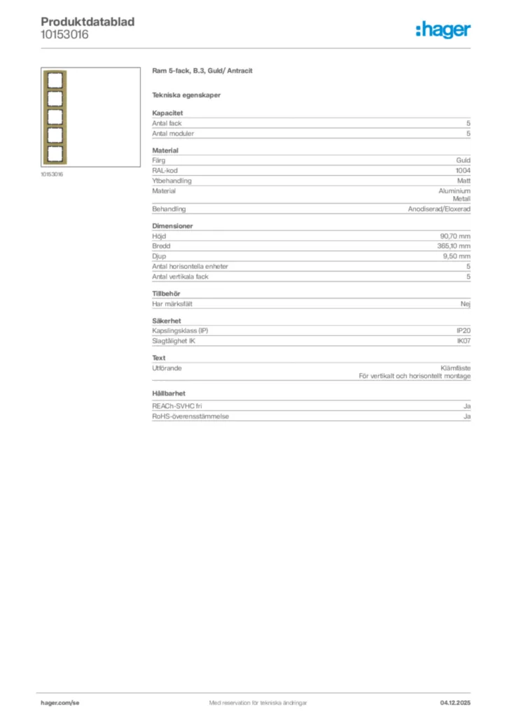 Bild Hager Produktdatablad 10153016 | Hager Sverige