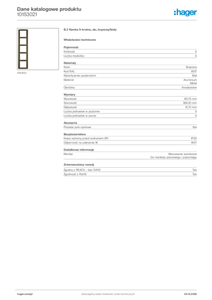 Zdjęcie Hager Dane katalogowe produktu 10153021 | Hager Polska