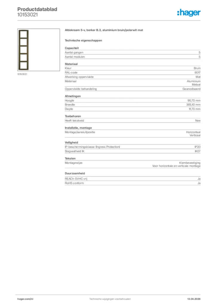 Afbeelding Hager Productdatablad 10153021 | Hager Nederland