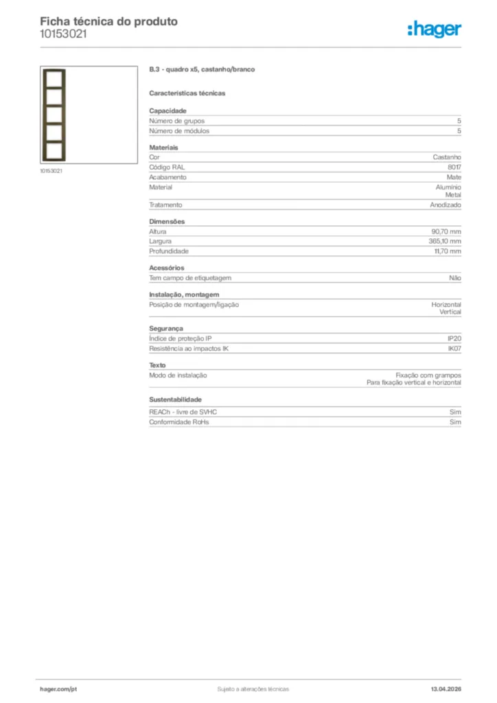 Imagem Hager Ficha técnica do produto 10153021 | Hager Portugal