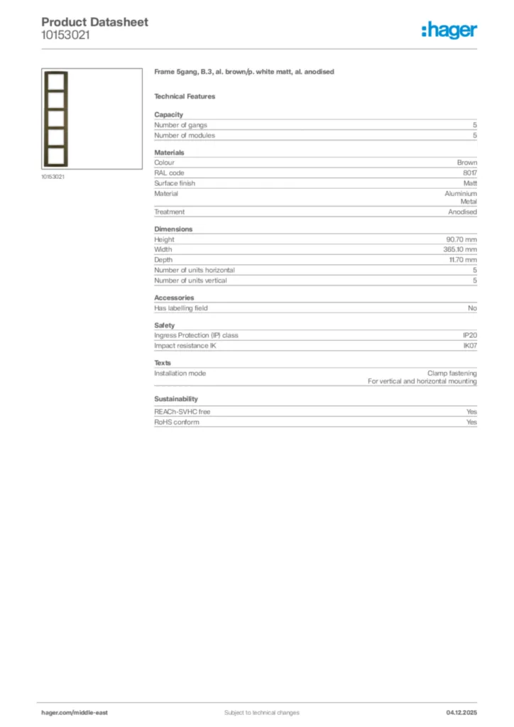 Image Hager Product data sheet 10153021  | Hager