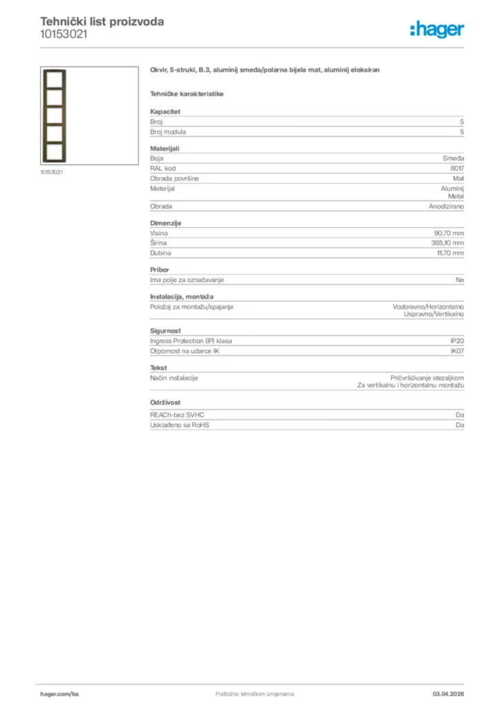 Slika Hager Tehnički list proizvoda 10153021  | Hager