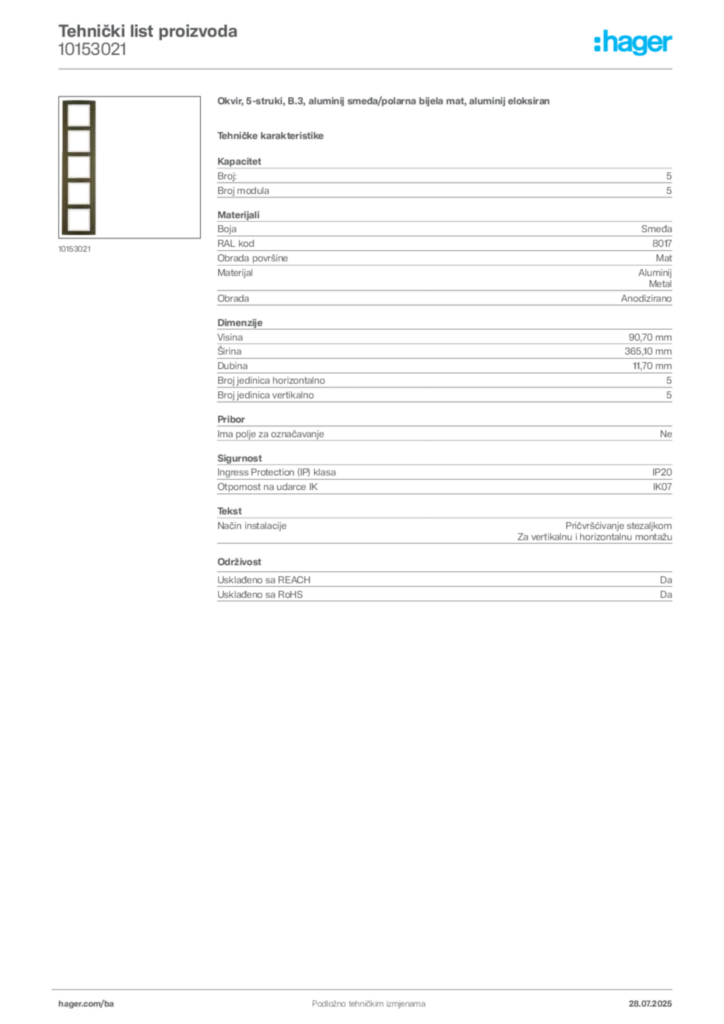 Slika Hager Product data sheet 10153021  | Hager
