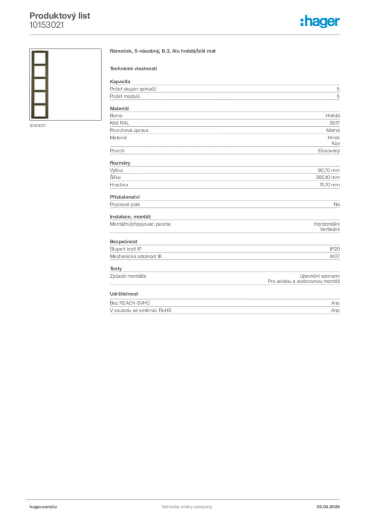 Obrázek Hager Product data sheet 10153021 | Hager