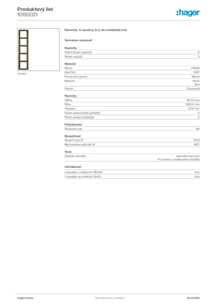 Obrázek Hager Product data sheet 10153021 | Hager