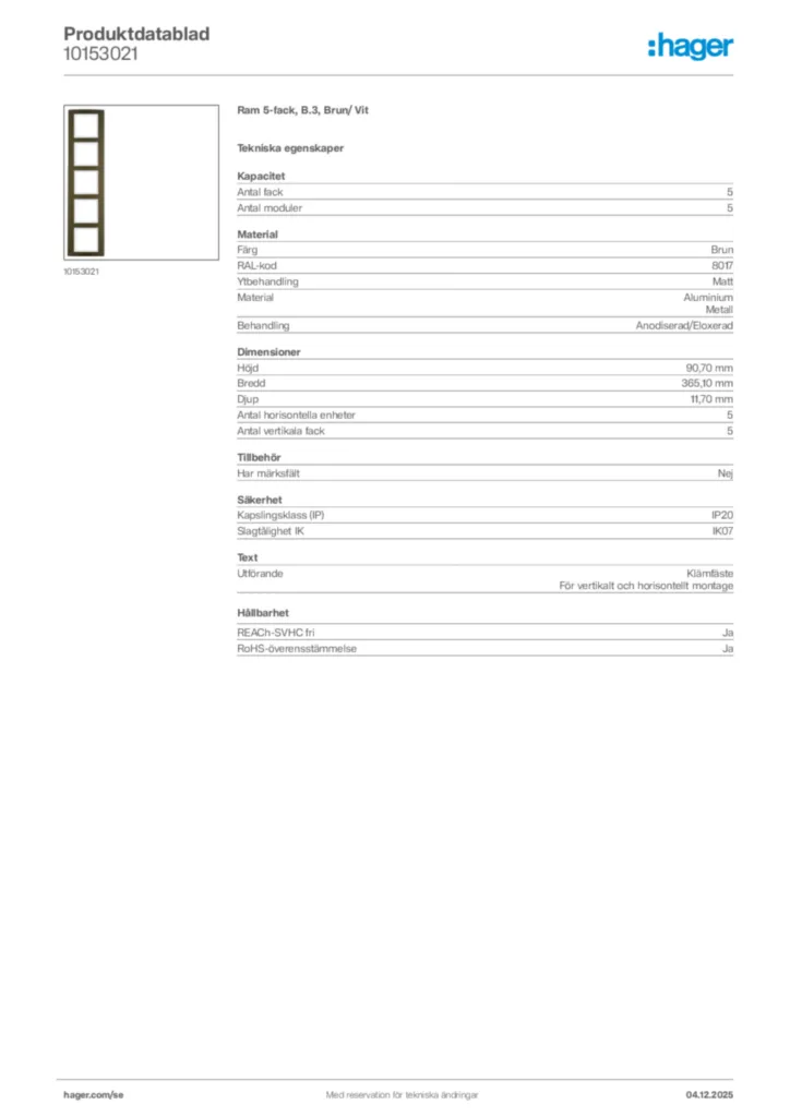 Bild Hager Produktdatablad 10153021 | Hager Sverige
