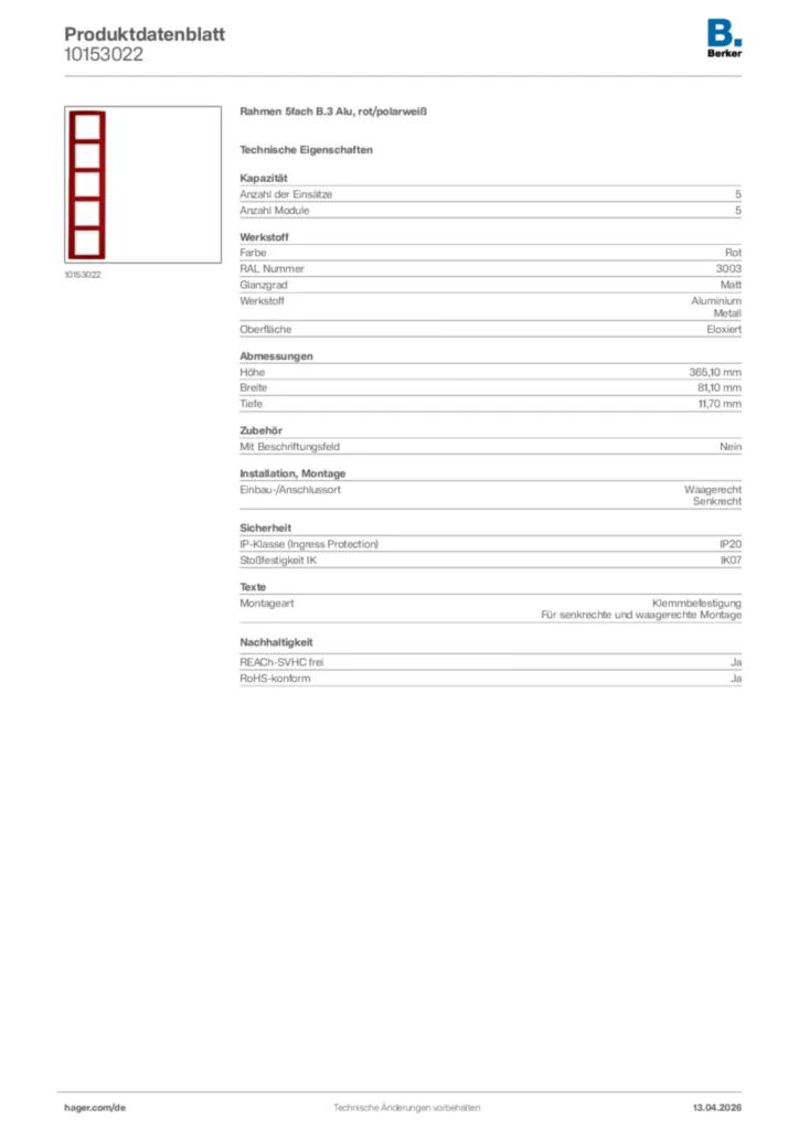 Bild Berker Produktdatenblatt 10153022 | Hager Deutschland