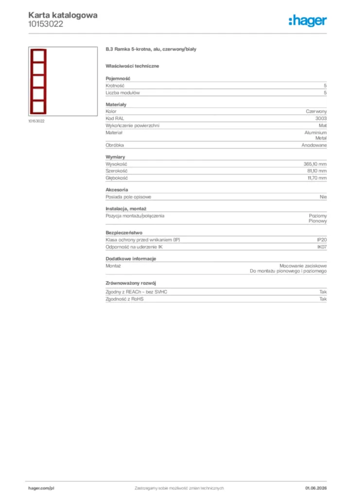 Zdjęcie Hager Karta katalogowa 10153022 | Hager Polska