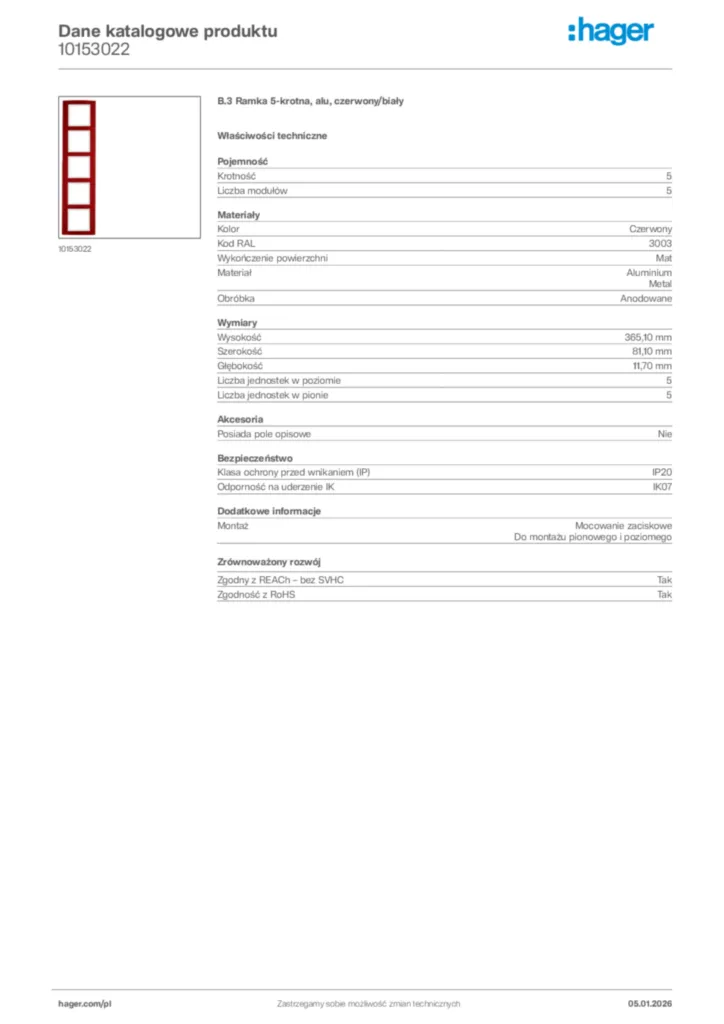 Zdjęcie Hager Karta katalogowa 10153022 | Hager Polska