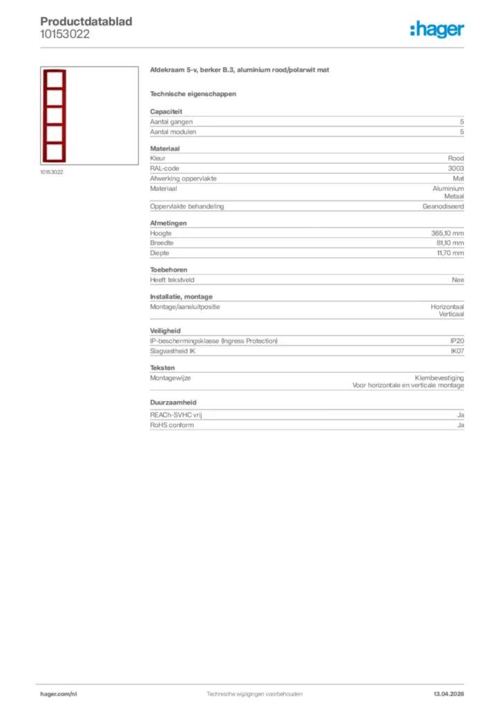 Afbeelding Hager Productdatablad 10153022 | Hager Nederland