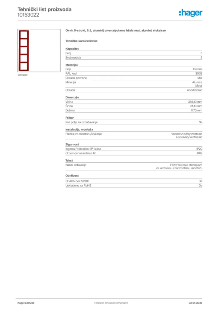 Slika Hager Tehnički list proizvoda 10153022  | Hager