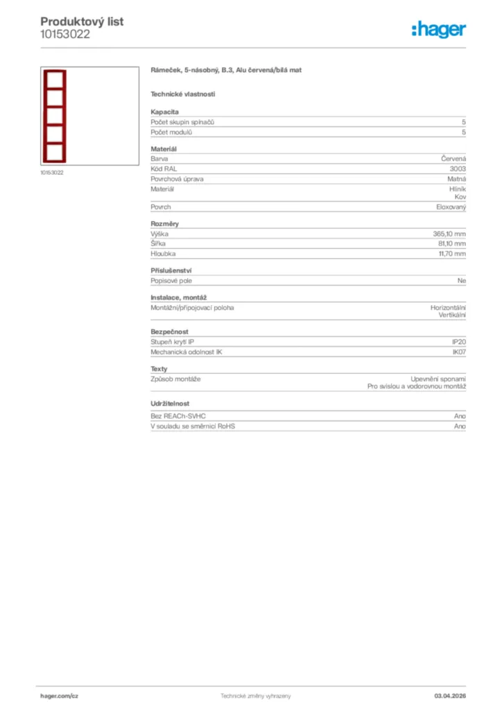 Obrázek Hager Product data sheet 10153022 | Hager