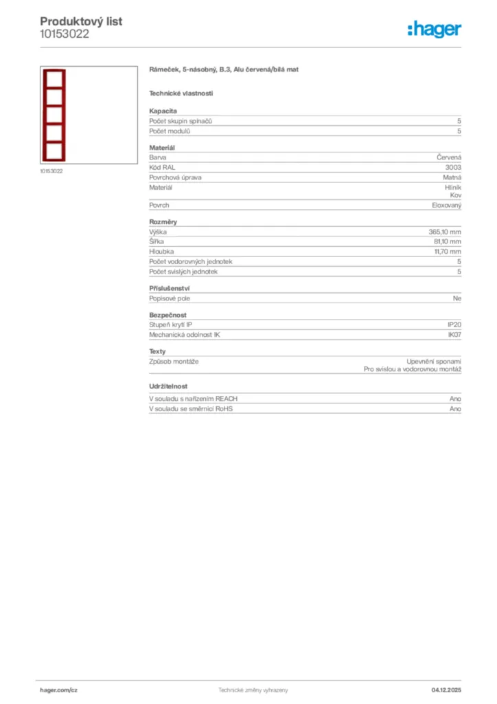 Obrázek Hager Product data sheet 10153022 | Hager