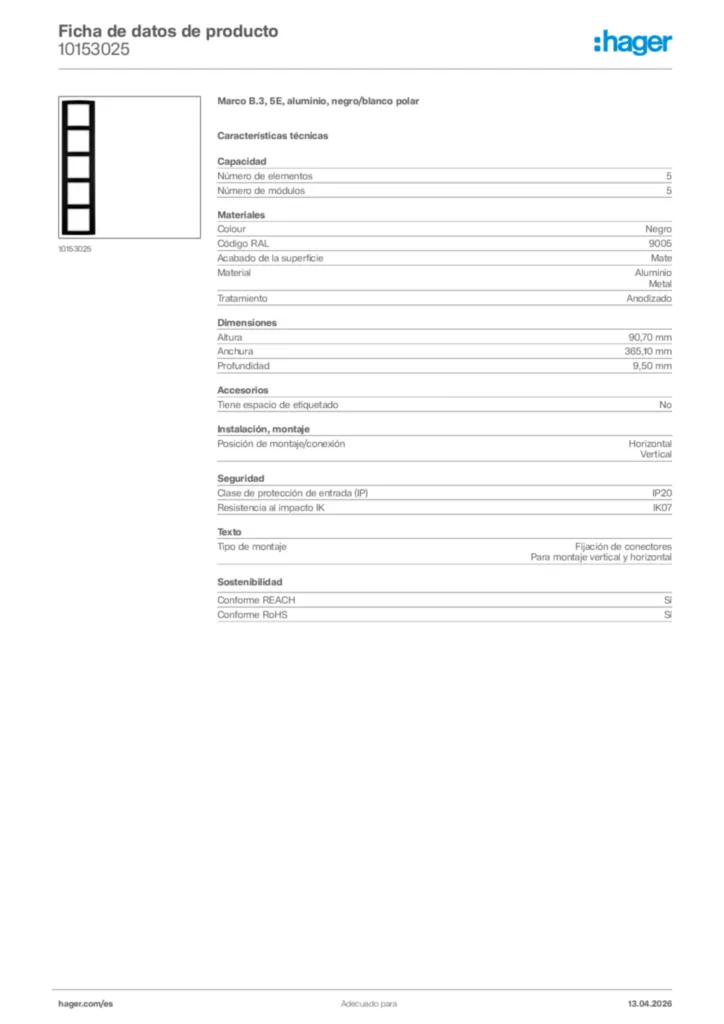 Imagen Hager Ficha de datos de producto 10153025 | Hager España