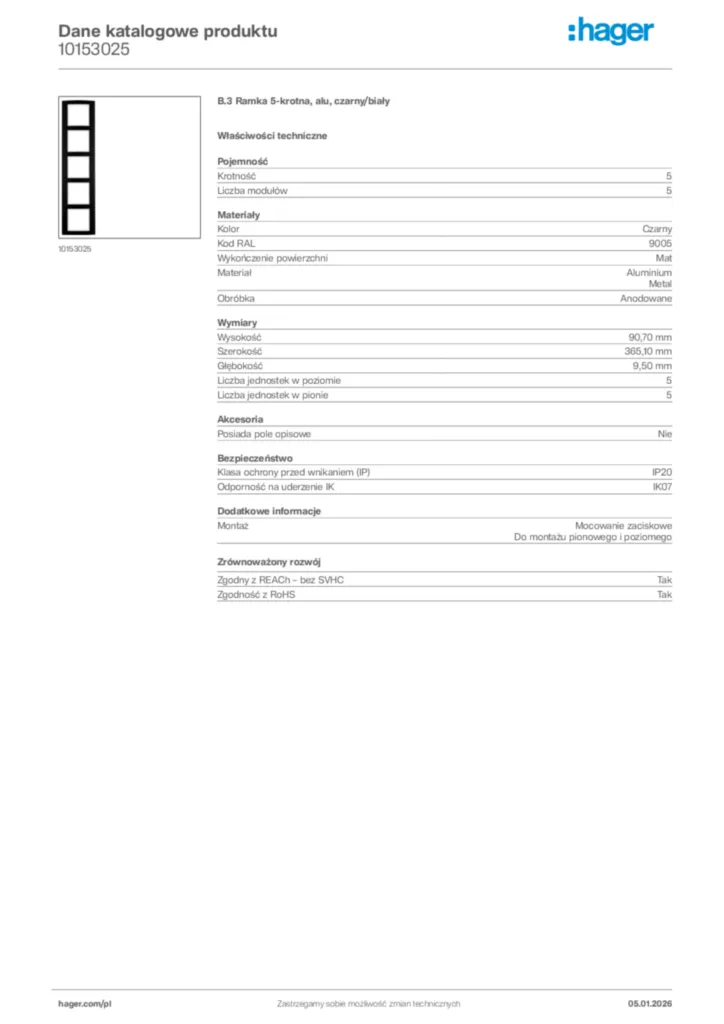 Zdjęcie Hager Karta katalogowa 10153025 | Hager Polska