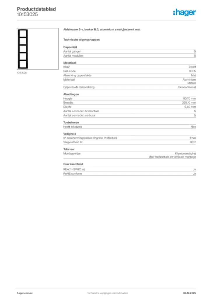 Afbeelding Hager Productdatablad 10153025 | Hager Nederland
