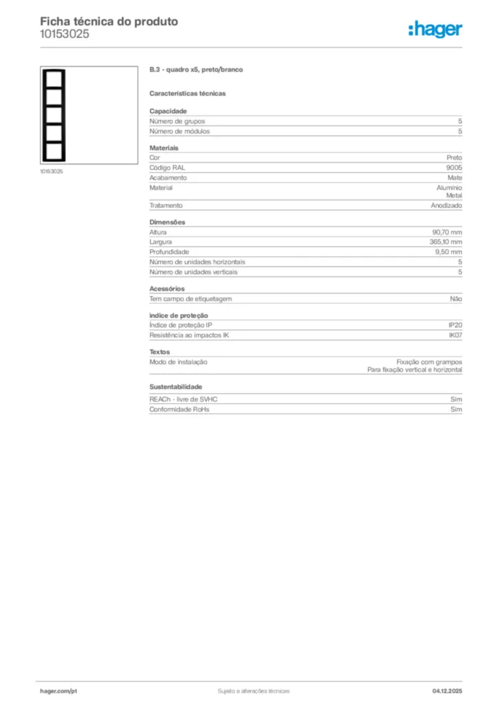 Imagem Hager Ficha técnica do produto 10153025 | Hager Portugal