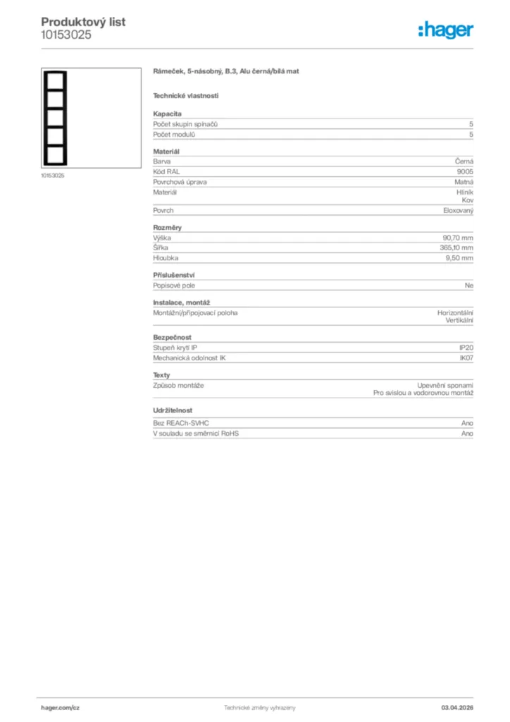 Obrázek Hager Product data sheet 10153025 | Hager
