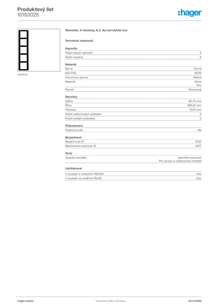 Obrázek Hager Product data sheet 10153025 | Hager