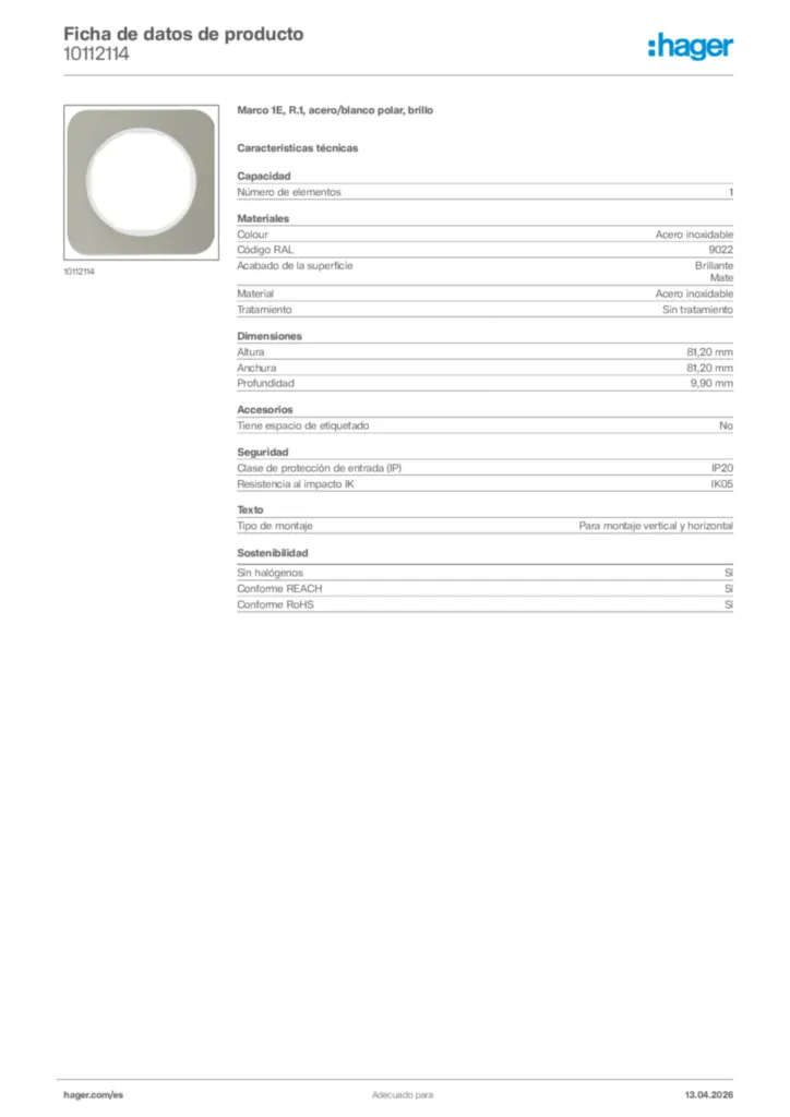Imagen Hager Ficha de datos de producto 10112114 | Hager España