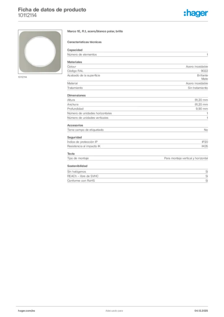 Imagen Hager Ficha de datos de producto 10112114 | Hager España