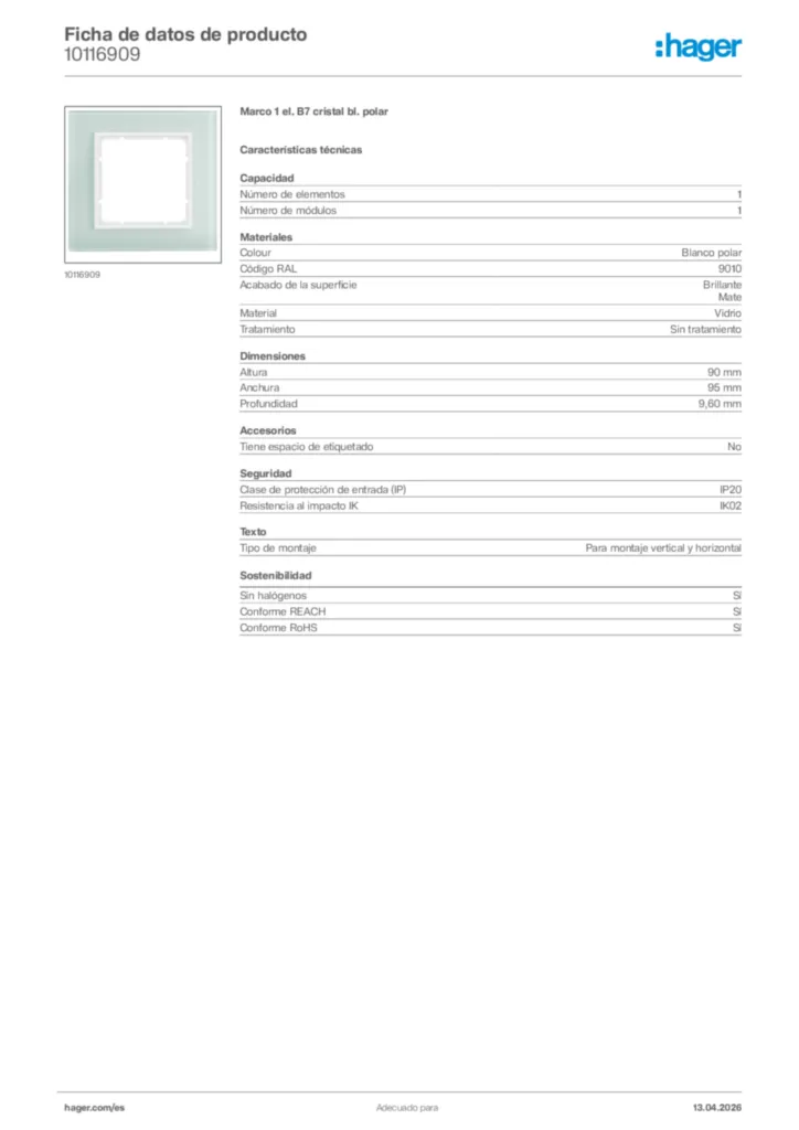 Imagen Hager Ficha de datos de producto 10116909 | Hager España