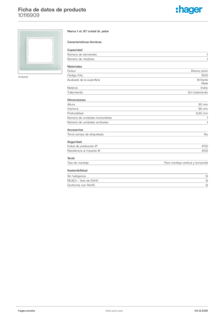 Imagen Hager Ficha de datos de producto 10116909 | Hager España