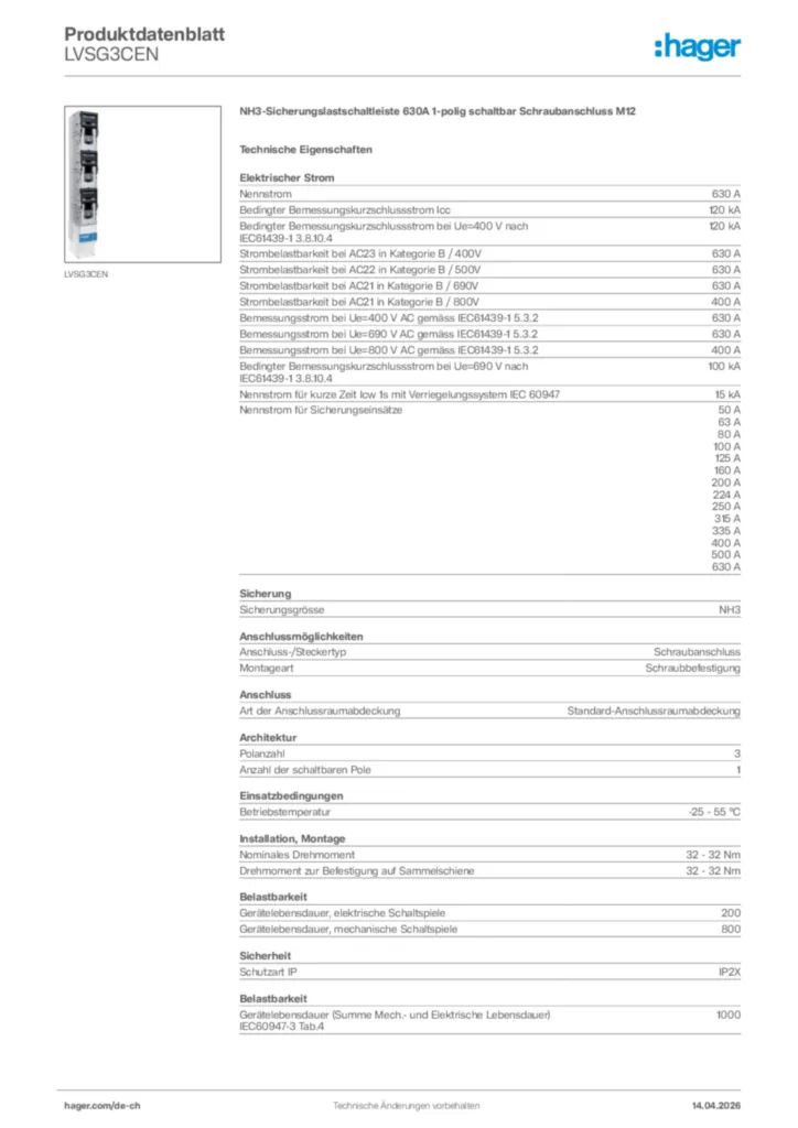 Bild Hager Produktdatenblatt LVSG3CEN | Hager Schweiz
