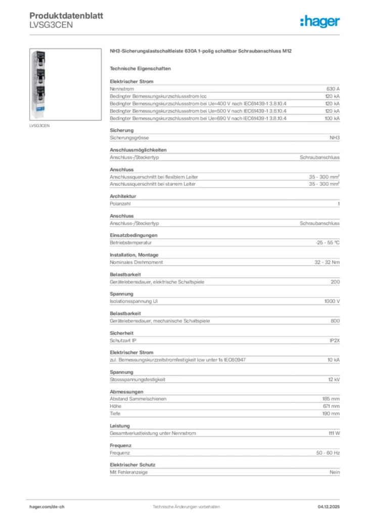 Bild Hager Produktdatenblatt LVSG3CEN | Hager Schweiz