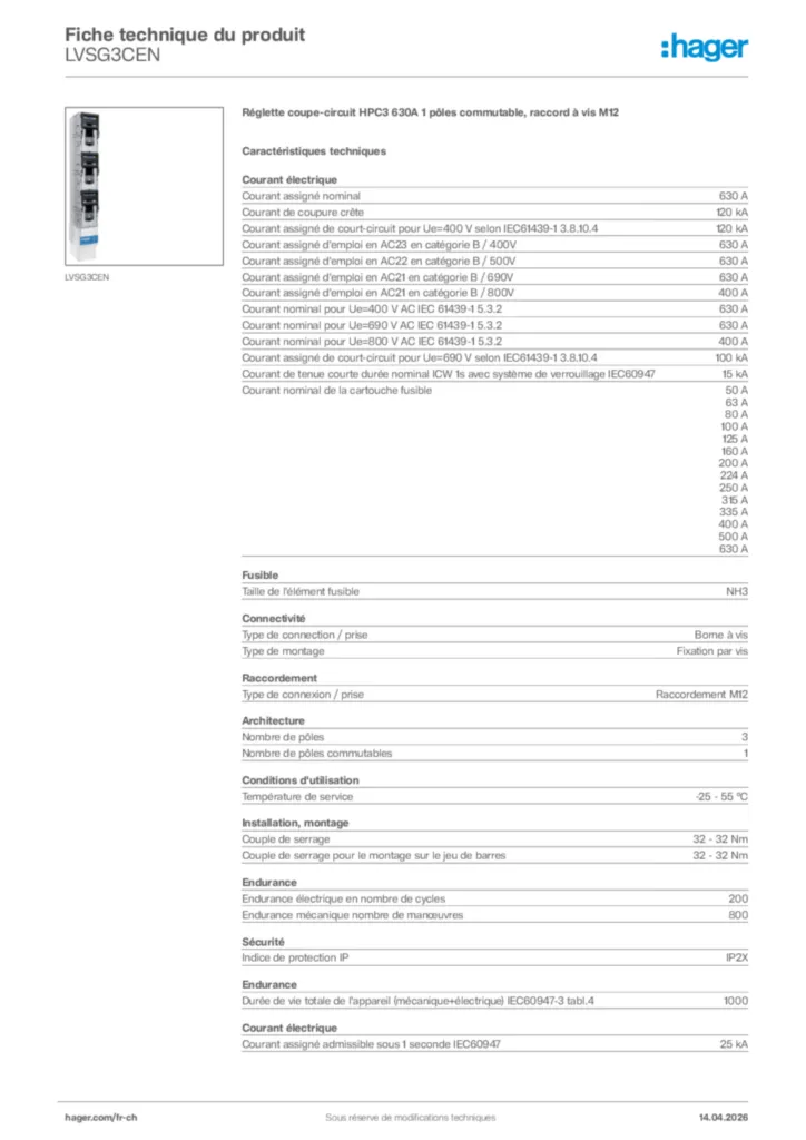 Image Hager Fiche technique du produit LVSG3CEN | Hager Suisse