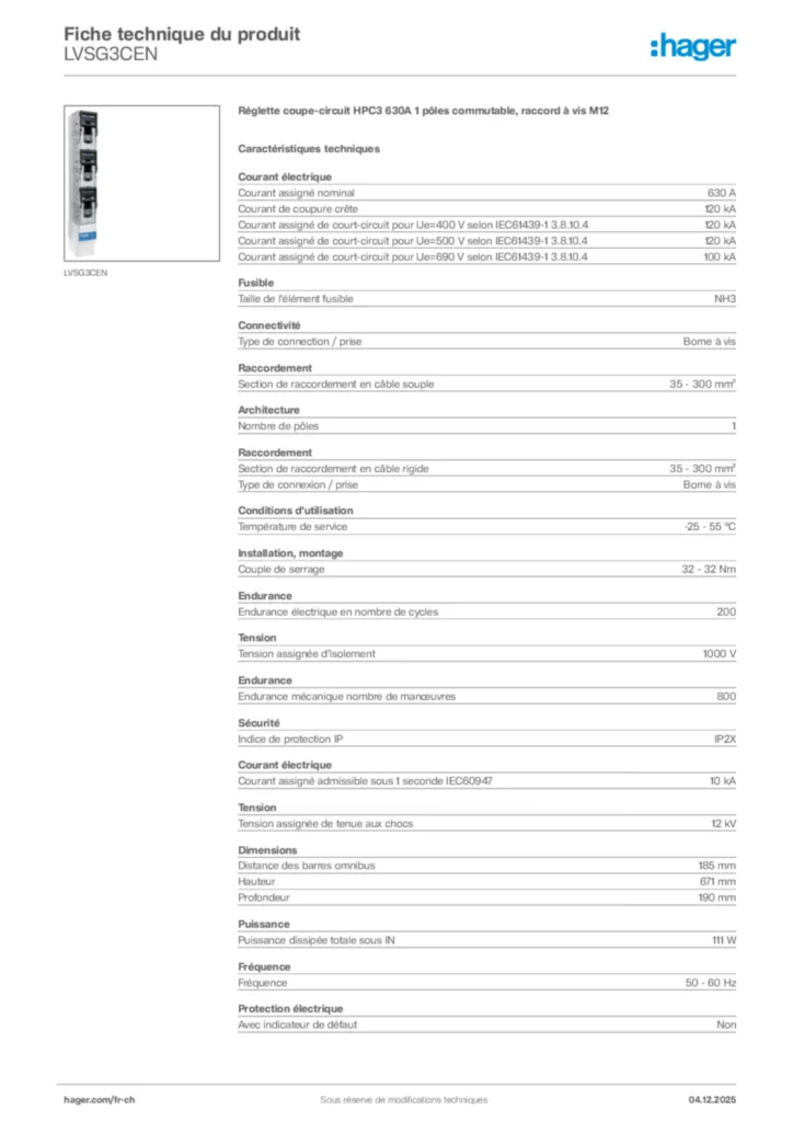 Image Hager Fiche technique du produit LVSG3CEN | Hager Suisse