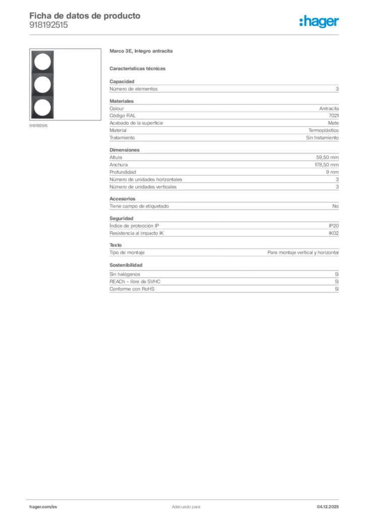 Imagen Hager Ficha de datos de producto 918192515 | Hager España