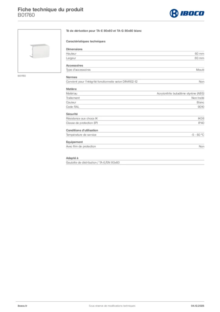 Image Iboco Fiche technique du produit B01760 | Hager France