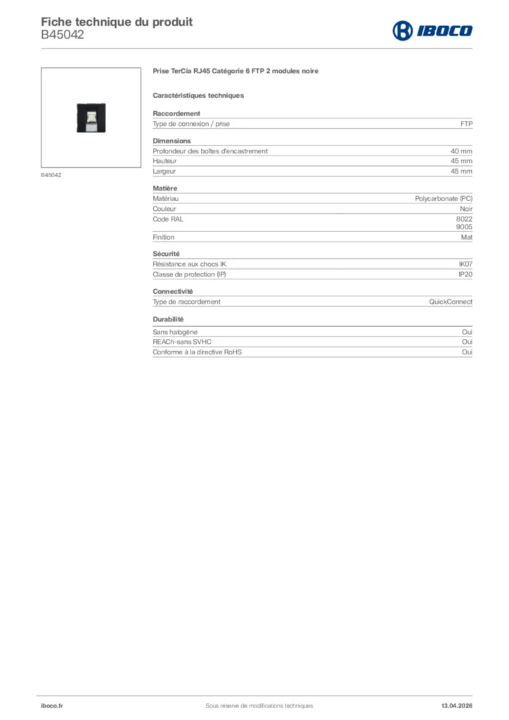 Image Iboco Fiche technique du produit B45042 | Hager France