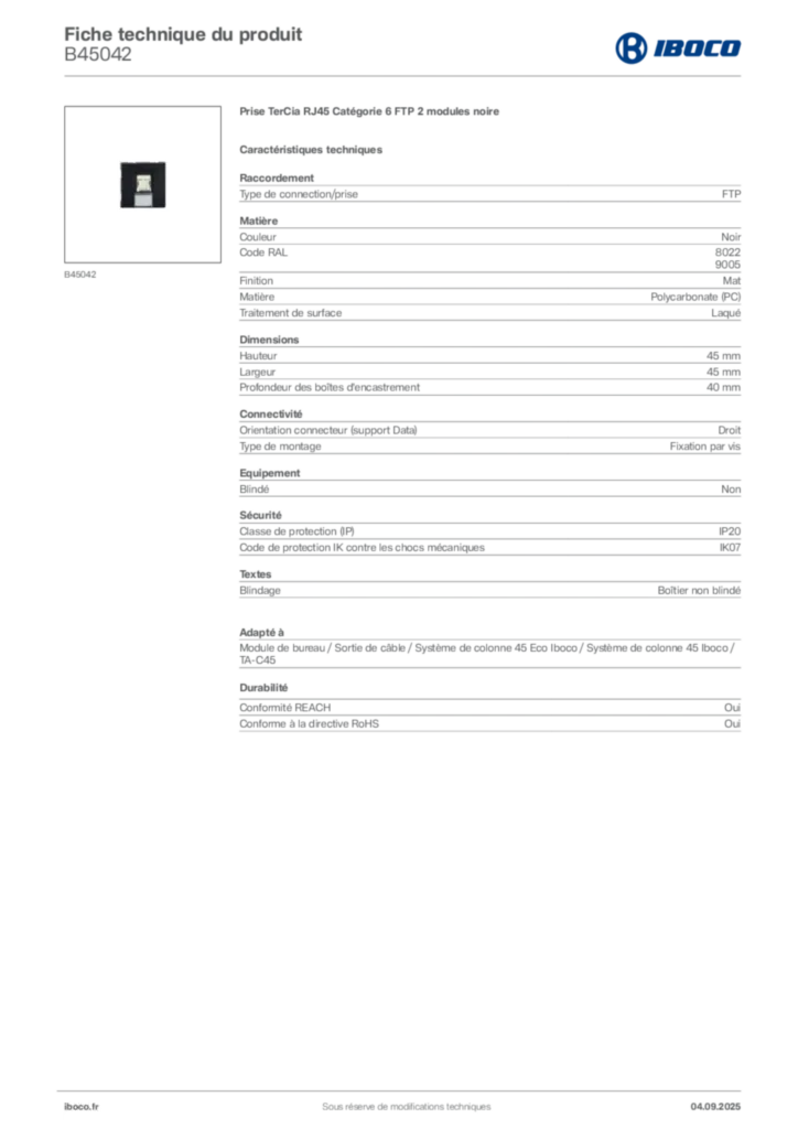 Image Iboco Fiche technique du produit B45042 | Hager France