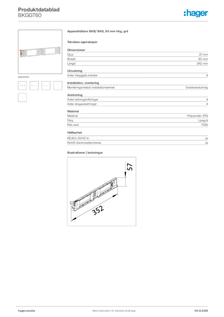 Bild Hager Produktdatablad BKGGT60 | Hager Sverige