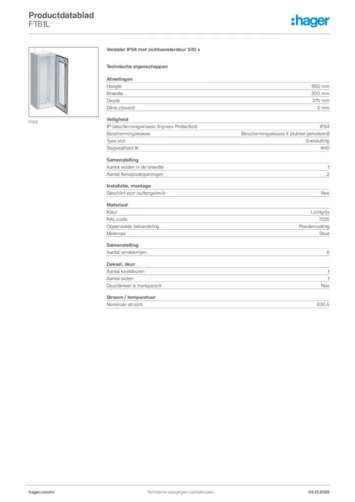 Afbeelding Hager Productdatablad FT61L | Hager Nederland