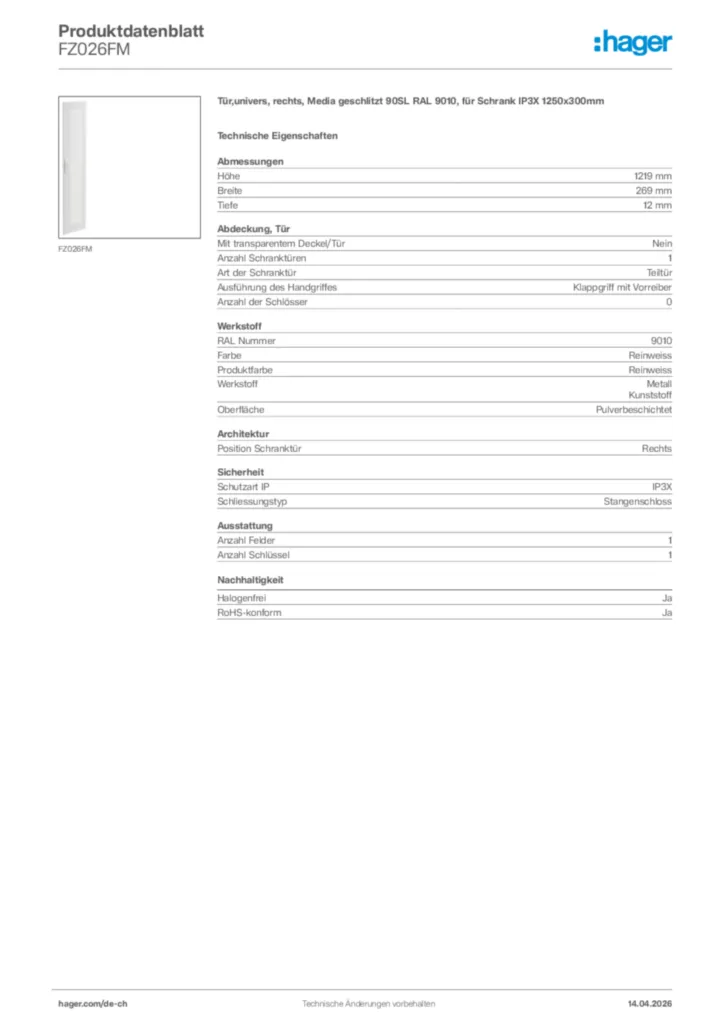 Bild Hager Produktdatenblatt FZ026FM | Hager Schweiz