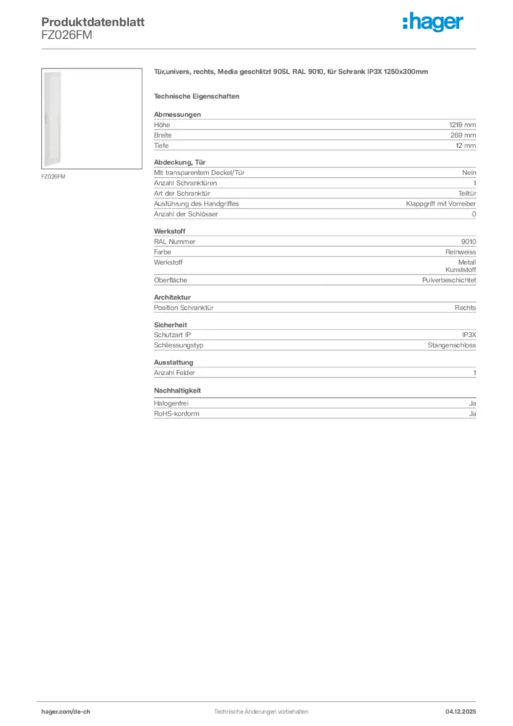Bild Hager Produktdatenblatt FZ026FM | Hager Schweiz