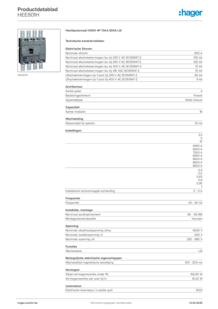 Afbeelding Hager Productdatablad HEE801H | Hager Belgium