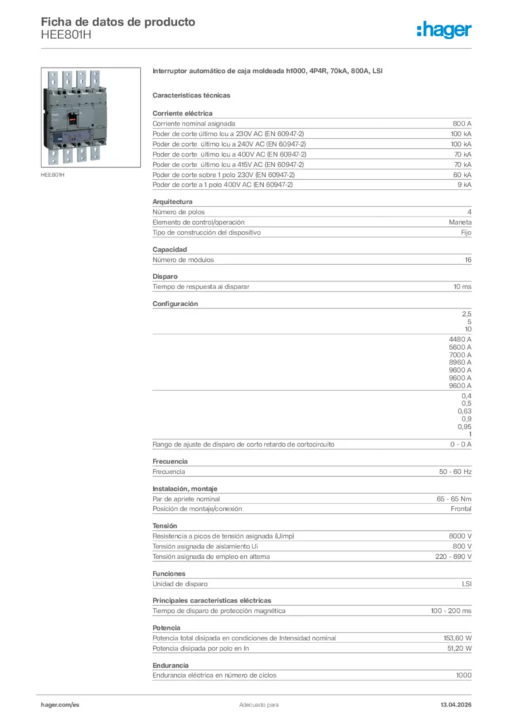 Imagen Hager Ficha de datos de producto HEE801H | Hager España