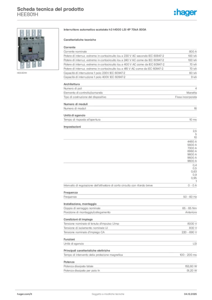 Immagine Hager Scheda tecnica del prodotto HEE801H | Hager Italia