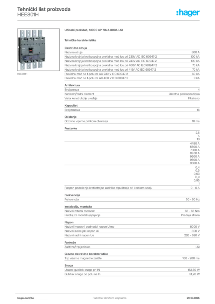 Slika Hager Product data sheet HEE801H  | Hager