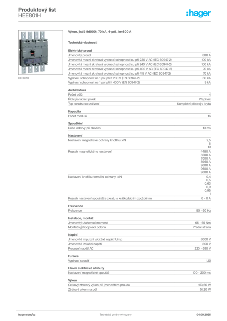 Obrázek Hager Produktový list HEE801H | Hager