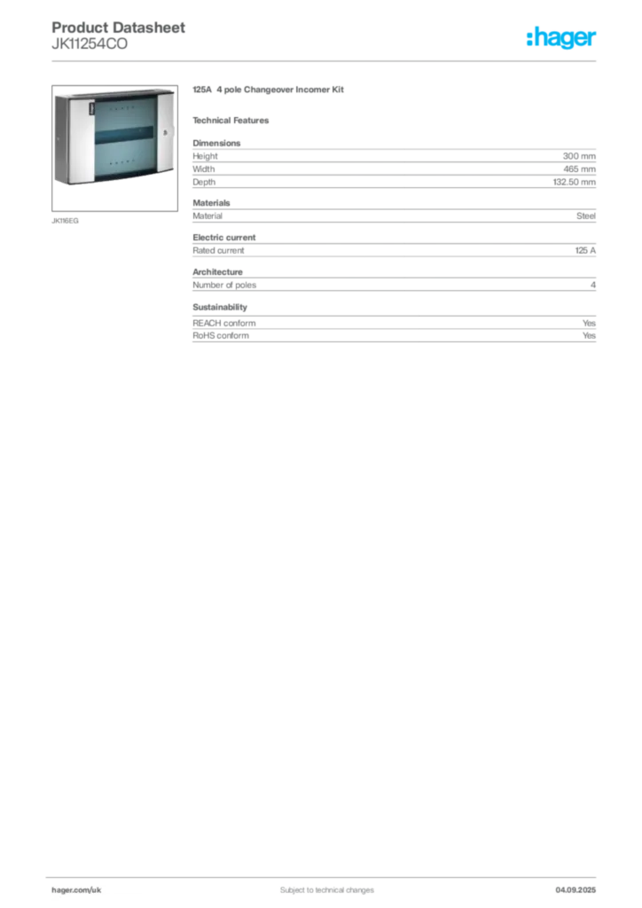 Image Hager Product data sheet JK11254CO  | Hager