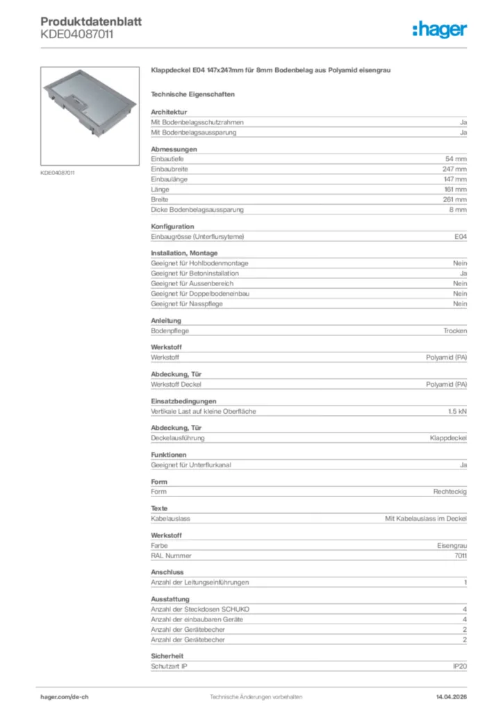Bild Hager Produktdatenblatt KDE04087011 | Hager Schweiz