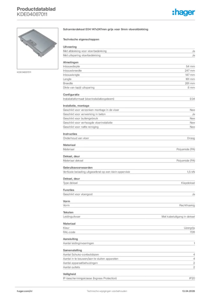 Afbeelding Hager Productdatablad KDE04087011 | Hager Nederland