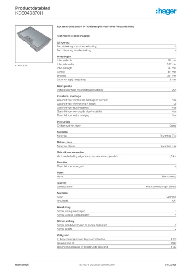 Afbeelding Hager Productdatablad KDE04087011 | Hager Nederland