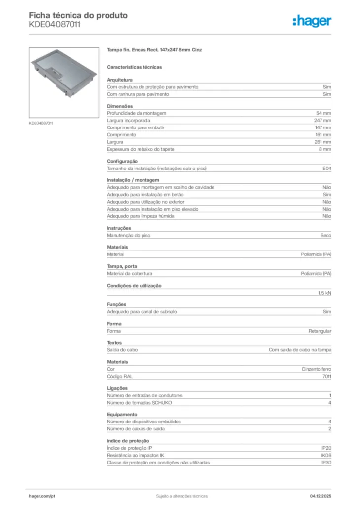 Imagem Hager Ficha técnica do produto KDE04087011 | Hager Portugal